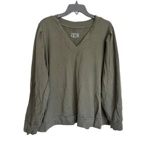 AnyBody Loungewear Set Womens 2XP Olive Green V-Neck Puff Sleeve Top and Pants